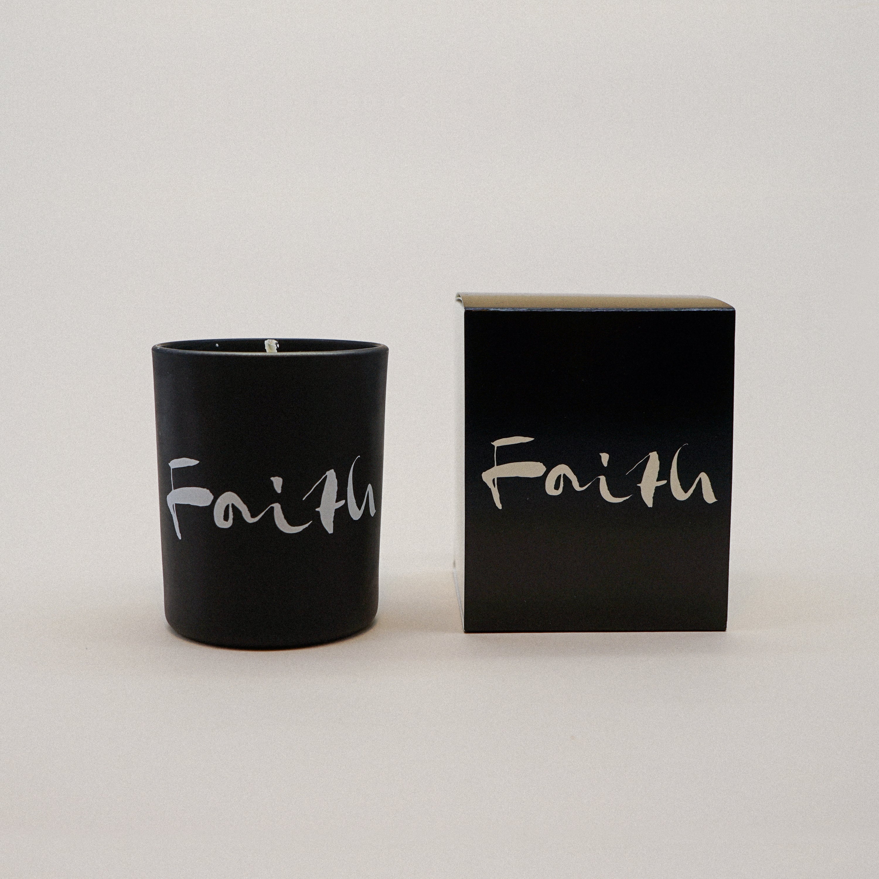 Faith Natural Wax Candle in black glass with faith brush painting design, showcasing a luxurious blend of essential oils.