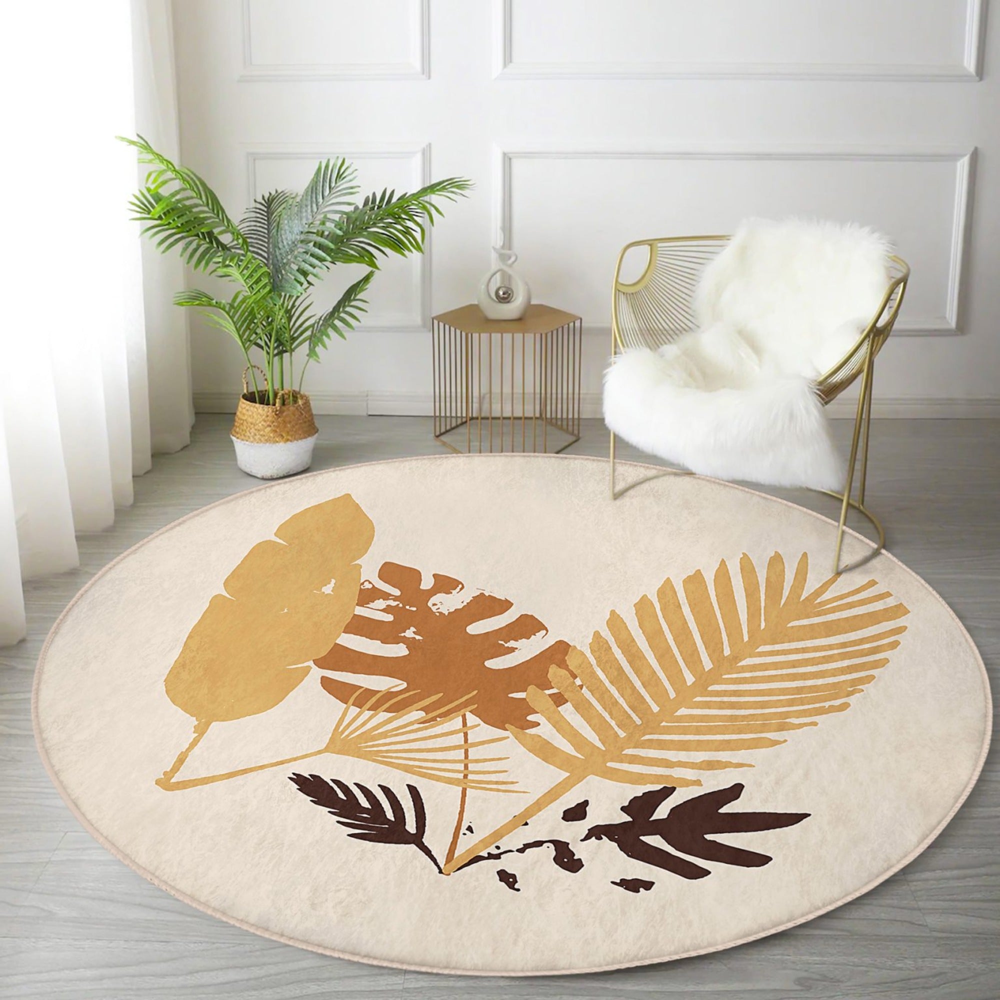 A round rug featuring a vibrant fall leaves pattern, perfect for autumn home decor, made from durable polyester and cotton.