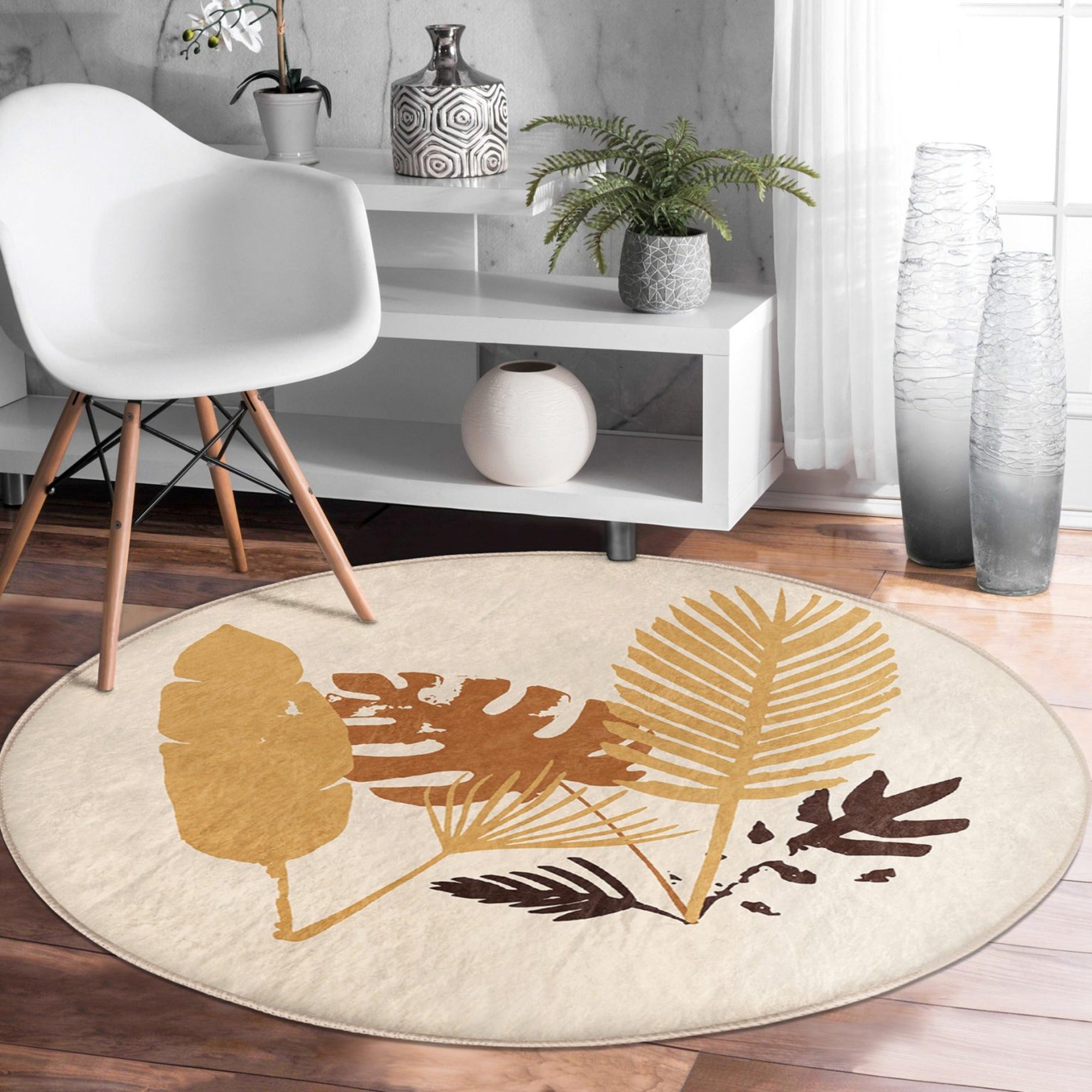 A round rug featuring a vibrant fall leaves pattern, perfect for autumn home decor, made from durable polyester and cotton.