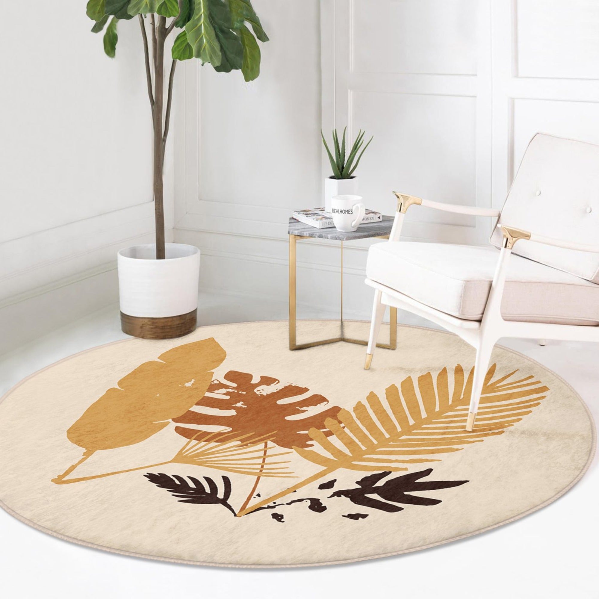 A round rug featuring a vibrant fall leaves pattern, perfect for autumn home decor, made from durable polyester and cotton.