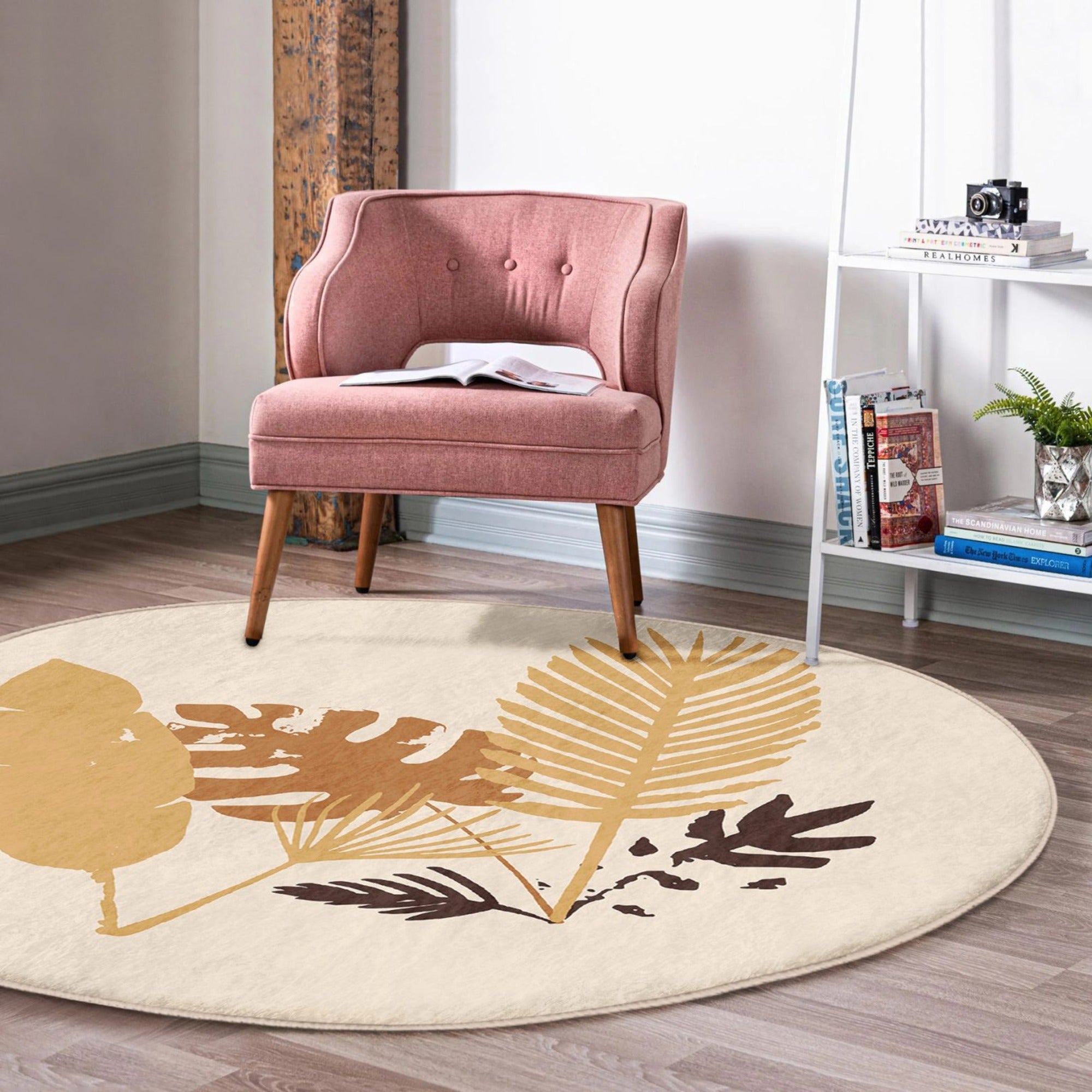 A round rug featuring a vibrant fall leaves pattern, perfect for autumn home decor, made from durable polyester and cotton.