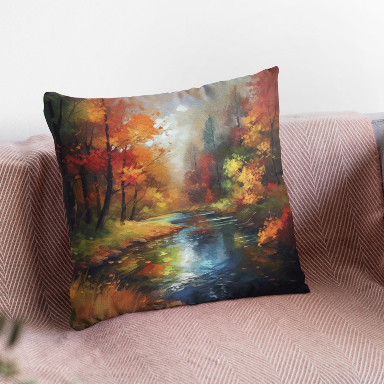 Fall Nature View Pattern Throw Pillow by Homeezone featuring vibrant autumn colors and a nature-inspired design, suitable for indoor and outdoor use.