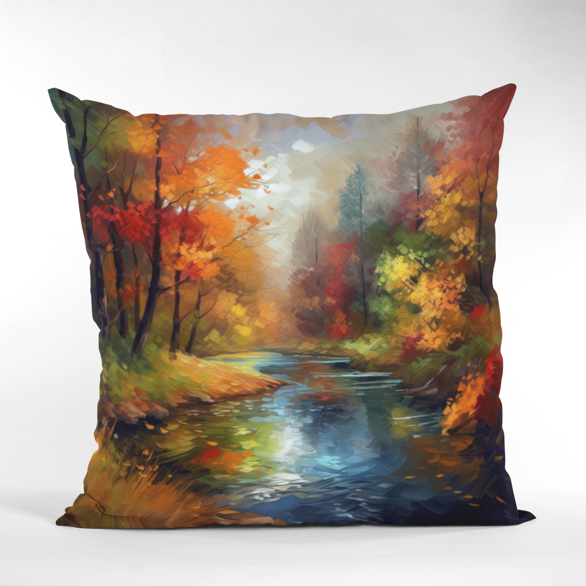 Fall Nature View Pattern Throw Pillow by Homeezone featuring vibrant autumn colors and a nature-inspired design, suitable for indoor and outdoor use.