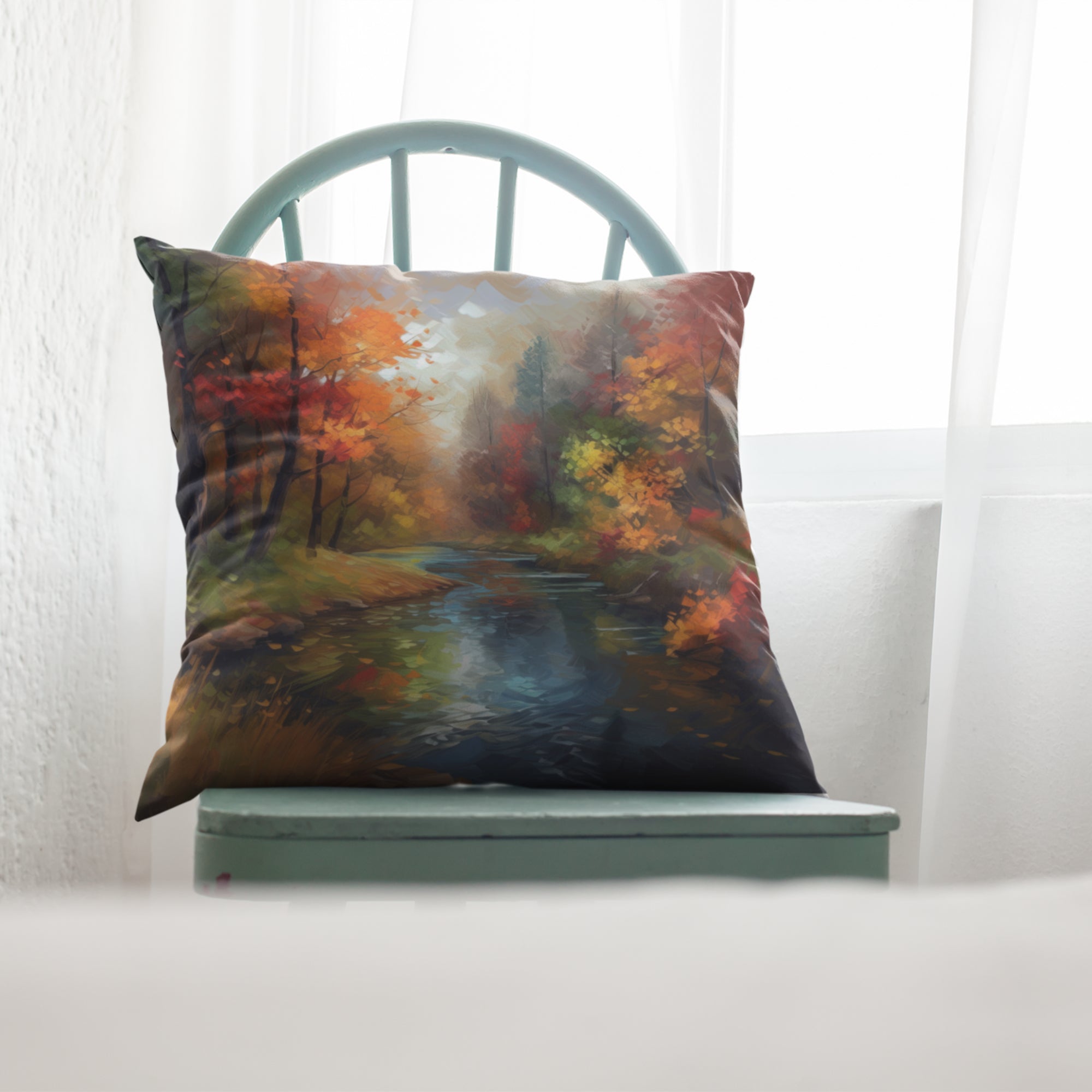 Fall Nature View Pattern Throw Pillow by Homeezone featuring vibrant autumn colors and a nature-inspired design, suitable for indoor and outdoor use.