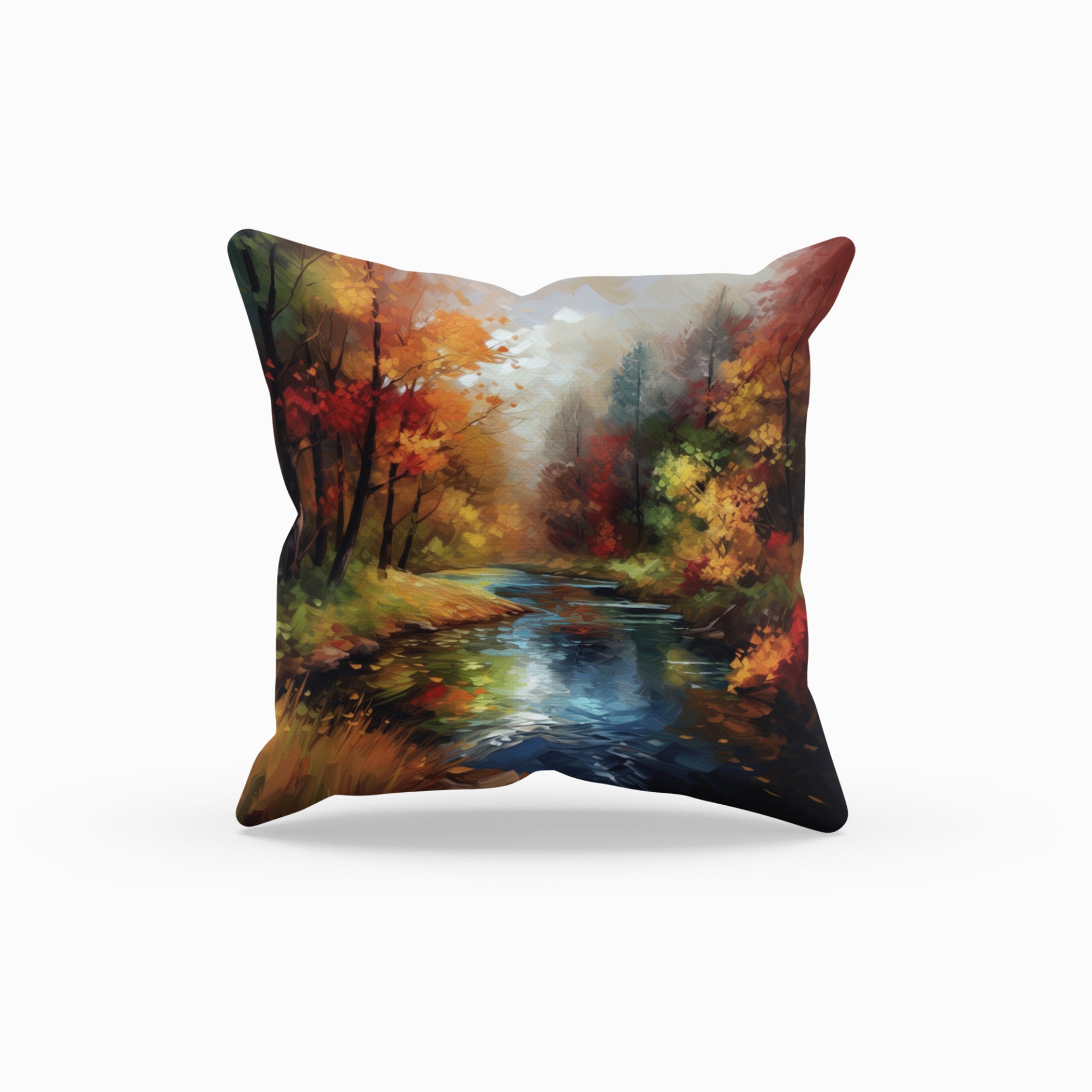 Fall Nature View Pattern Throw Pillow by Homeezone featuring vibrant autumn colors and a nature-inspired design, suitable for indoor and outdoor use.