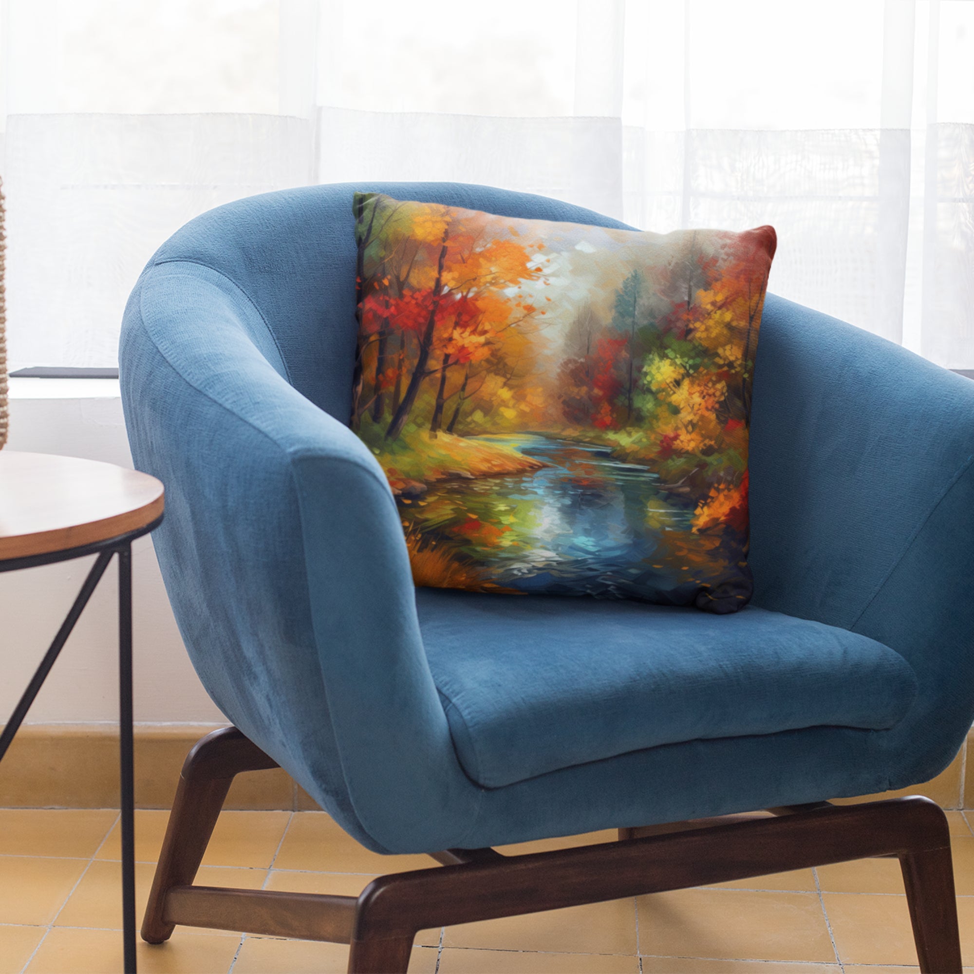 Fall Nature View Pattern Throw Pillow by Homeezone featuring vibrant autumn colors and a nature-inspired design, suitable for indoor and outdoor use.