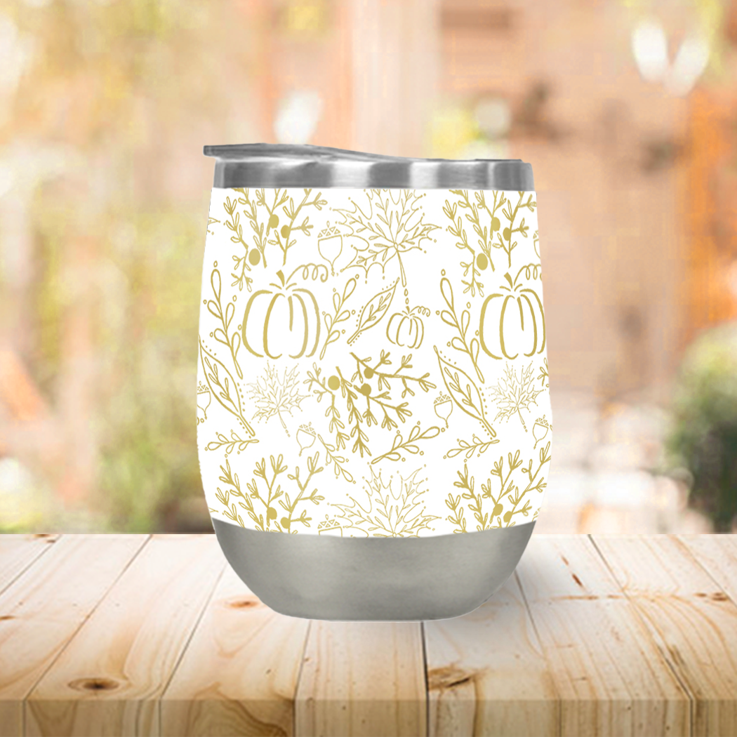 A stylish Fall Pattern Stemless Wine Tumbler made of stainless steel, featuring a vibrant autumn design, perfect for outdoor gatherings.