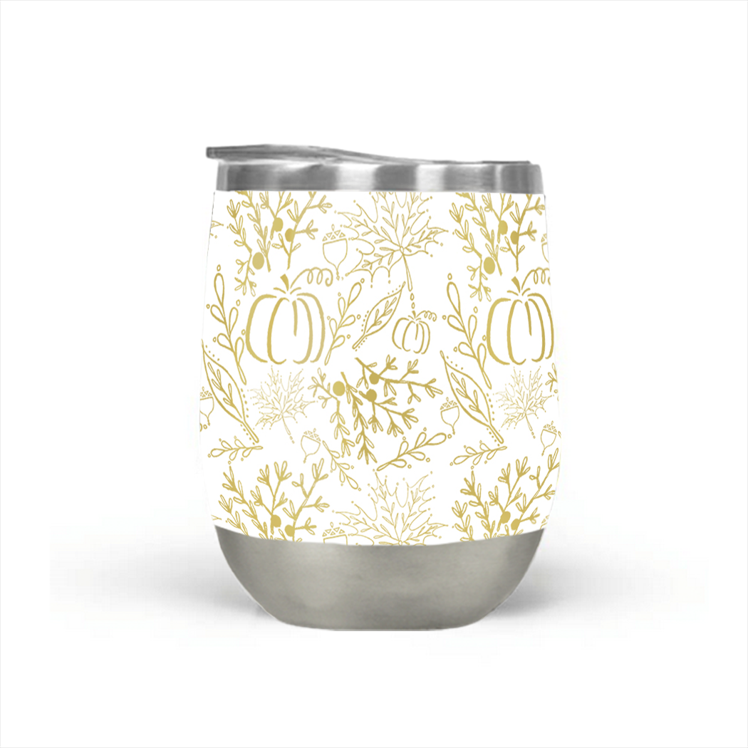 A stylish Fall Pattern Stemless Wine Tumbler made of stainless steel, featuring a vibrant autumn design, perfect for outdoor gatherings.