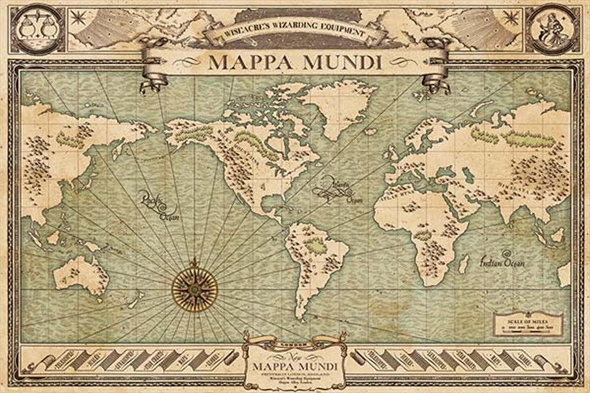 A beautifully designed poster of the Mappa Mundi from Fantastic Beasts, featuring intricate details and vibrant colors.