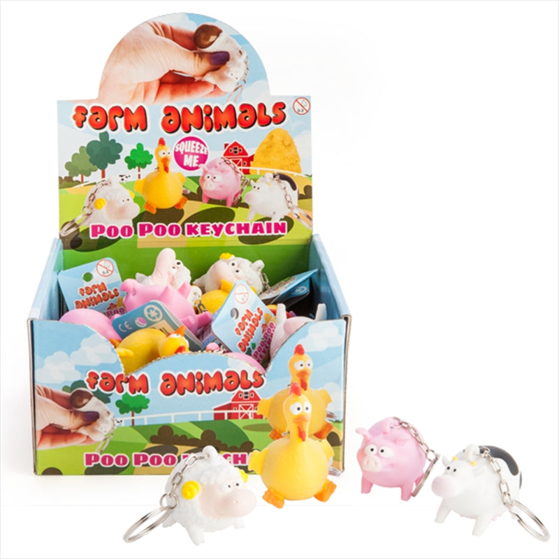 A colorful assortment of Farm Animal Poo Poo Keychains featuring cows, pigs, chickens, and sheep, each ready to pop out a surprise when squeezed.