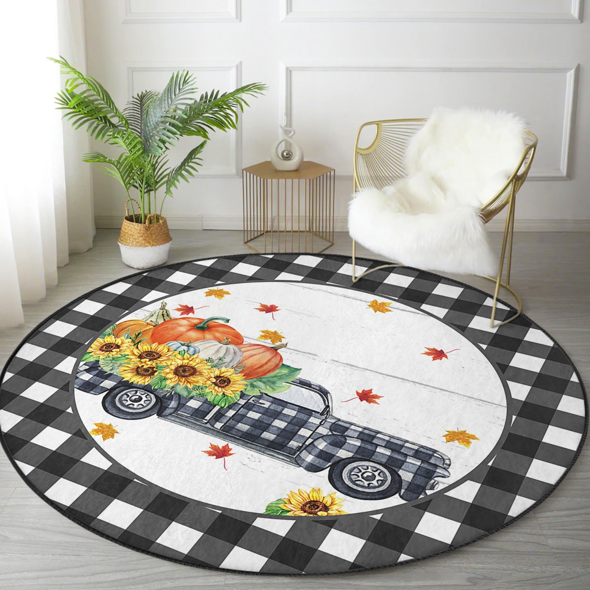 Farm Truck Autumn Home Decorative Washable Round Rug featuring a charming farm truck design in muted autumn colors, perfect for home decor.