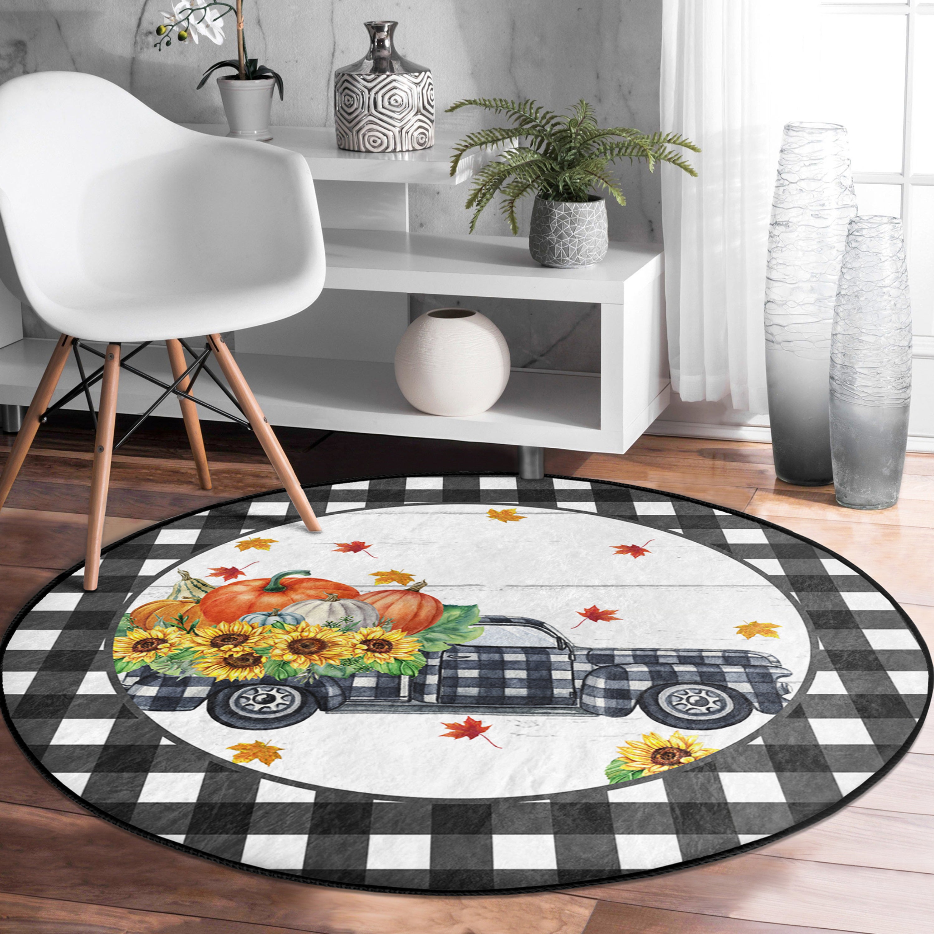 Farm Truck Autumn Home Decorative Washable Round Rug featuring a charming farm truck design in muted autumn colors, perfect for home decor.