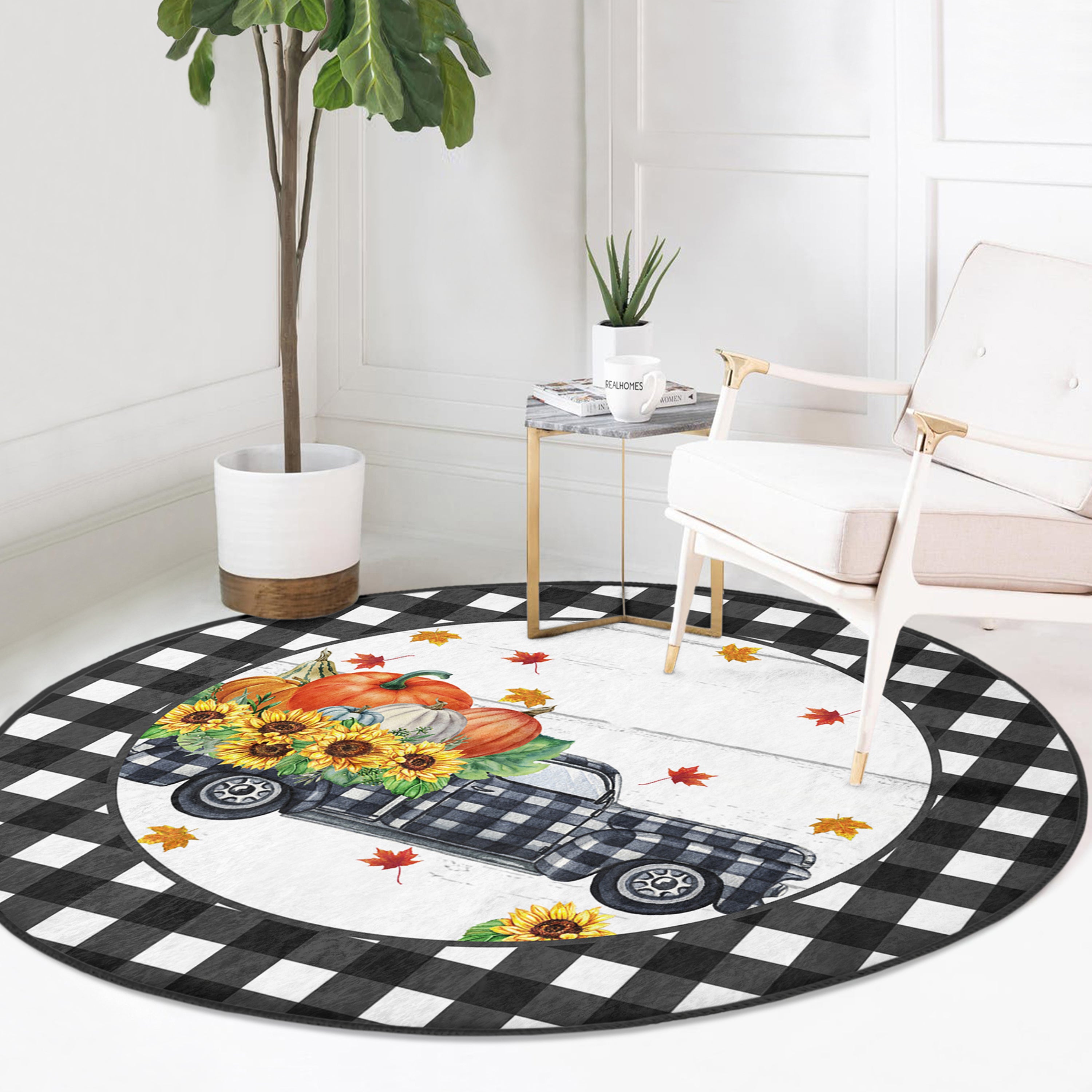 Farm Truck Autumn Home Decorative Washable Round Rug featuring a charming farm truck design in muted autumn colors, perfect for home decor.