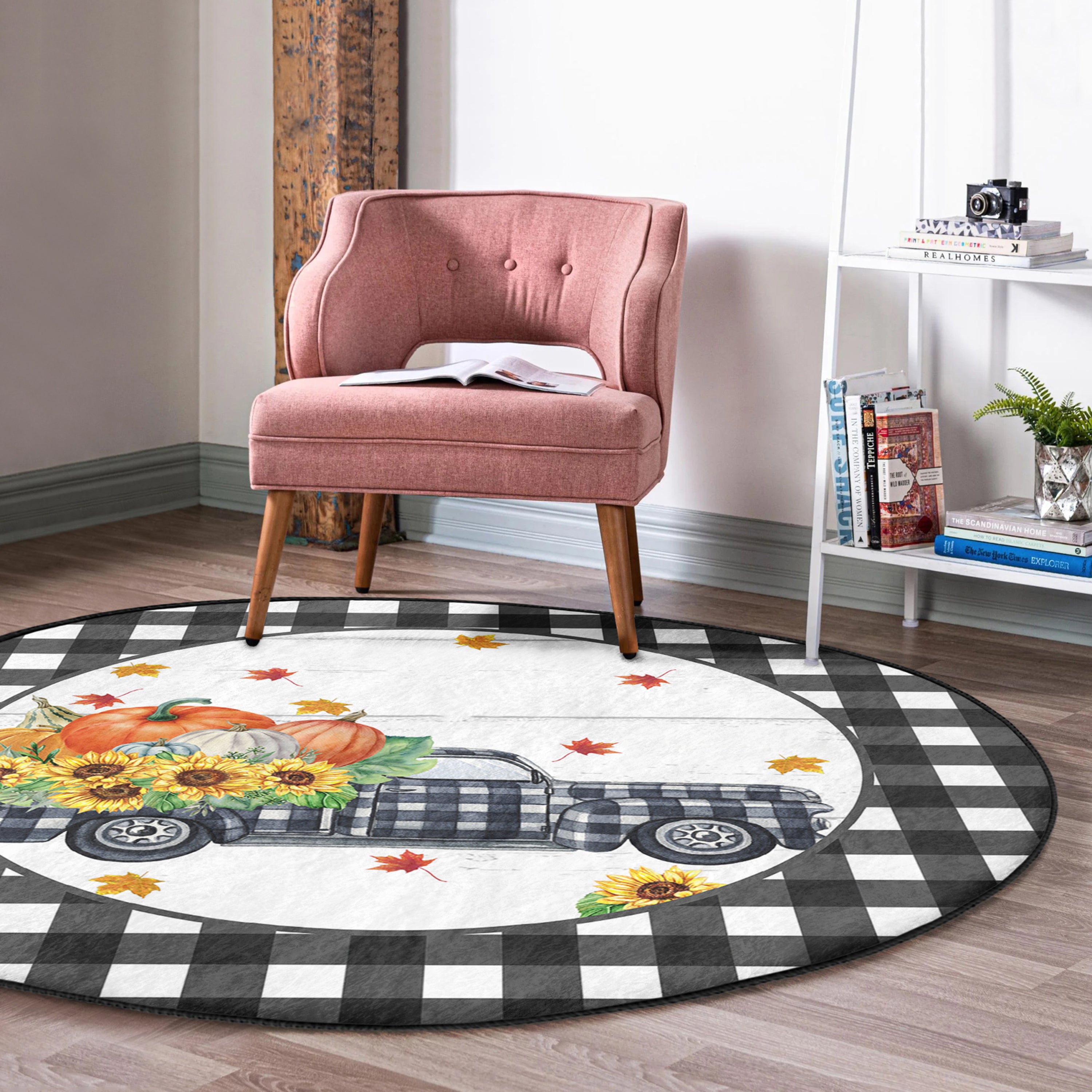 Farm Truck Autumn Home Decorative Washable Round Rug featuring a charming farm truck design in muted autumn colors, perfect for home decor.