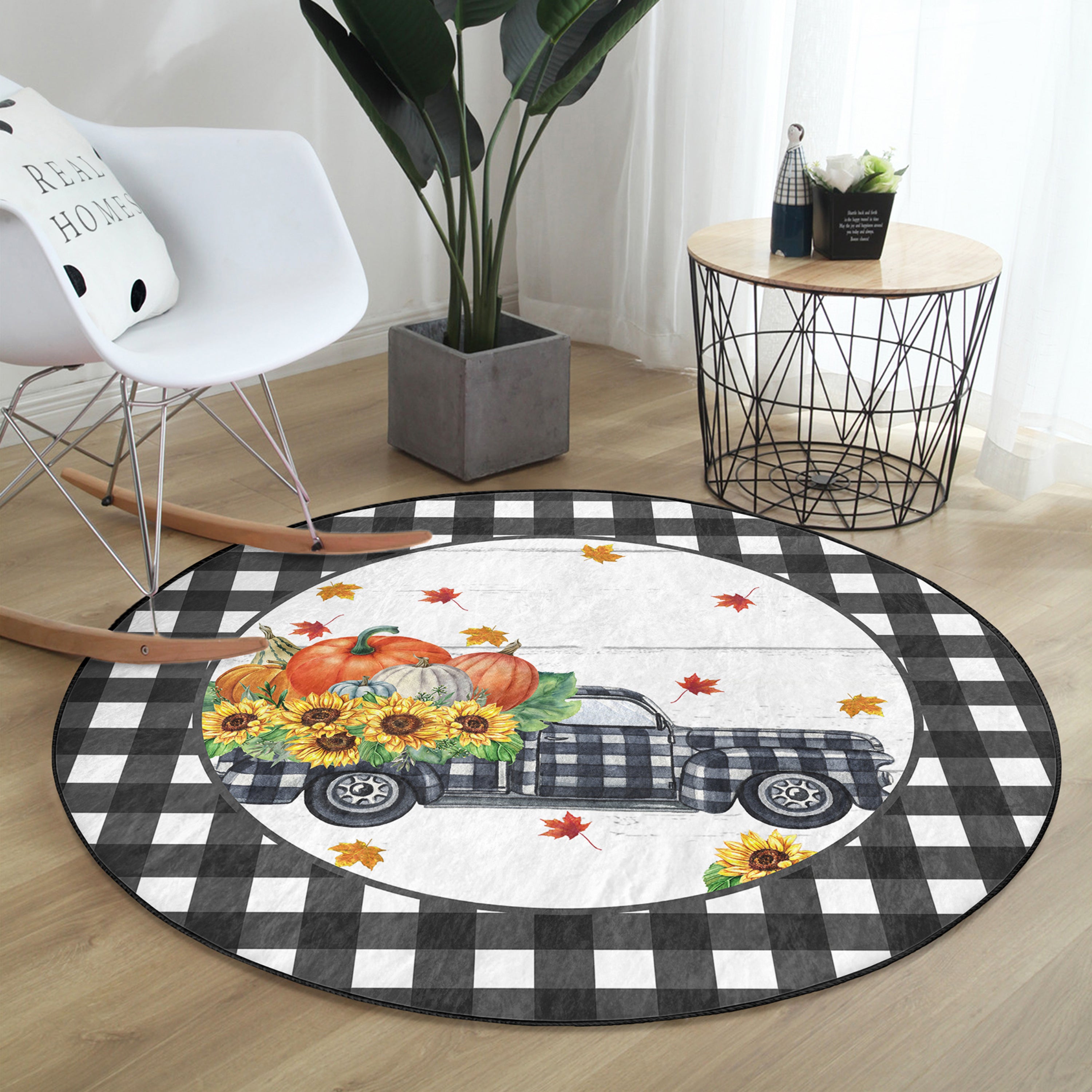 Farm Truck Autumn Home Decorative Washable Round Rug featuring a charming farm truck design in muted autumn colors, perfect for home decor.