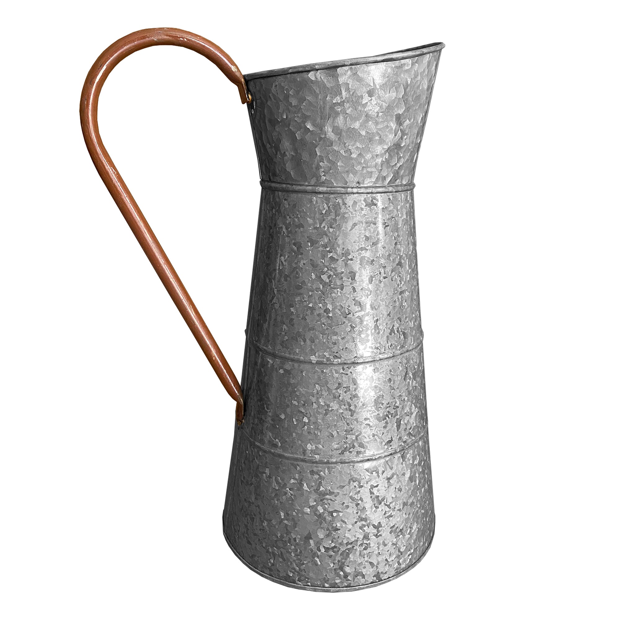 Farmhouse style gray galvanized metal jug with a black handle, showcasing rustic charm and durability.