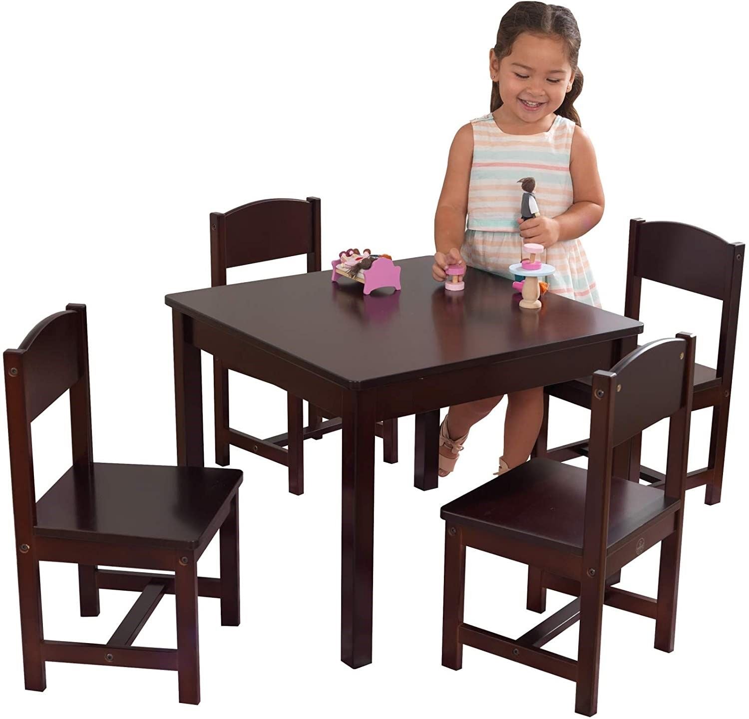 Farmhouse Table & 4 Chair Set in brown, designed for children aged 3-10, featuring sturdy wood construction and a stylish finish.