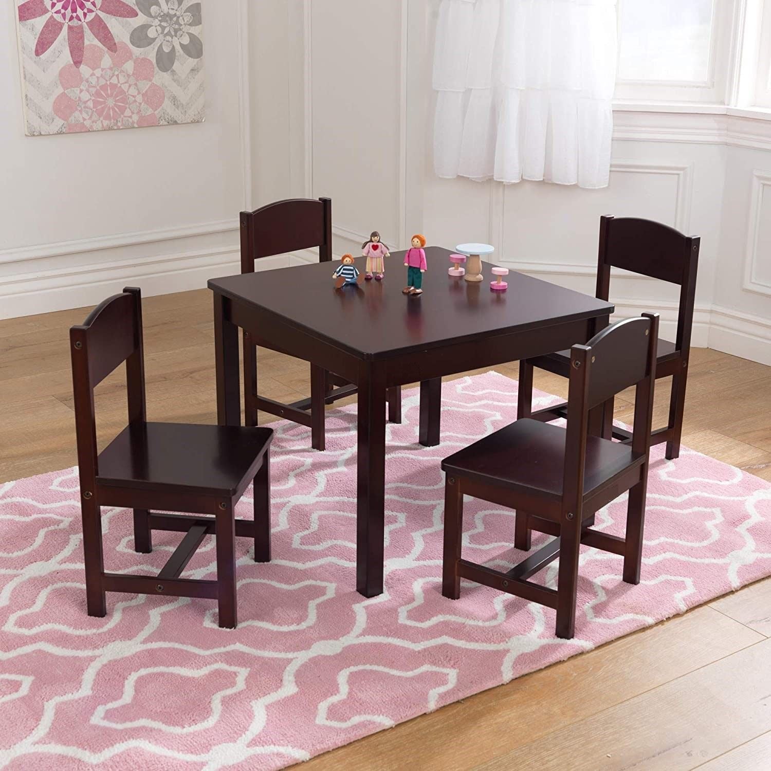 Farmhouse Table & 4 Chair Set in brown, designed for children aged 3-10, featuring sturdy wood construction and a stylish finish.