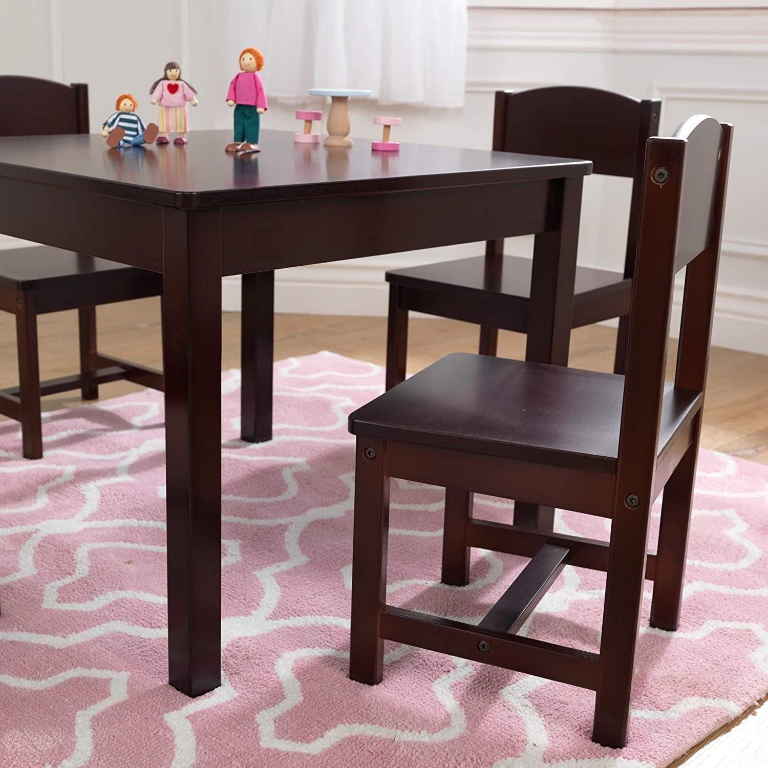 Farmhouse Table & 4 Chair Set in brown, designed for children aged 3-10, featuring sturdy wood construction and a stylish finish.