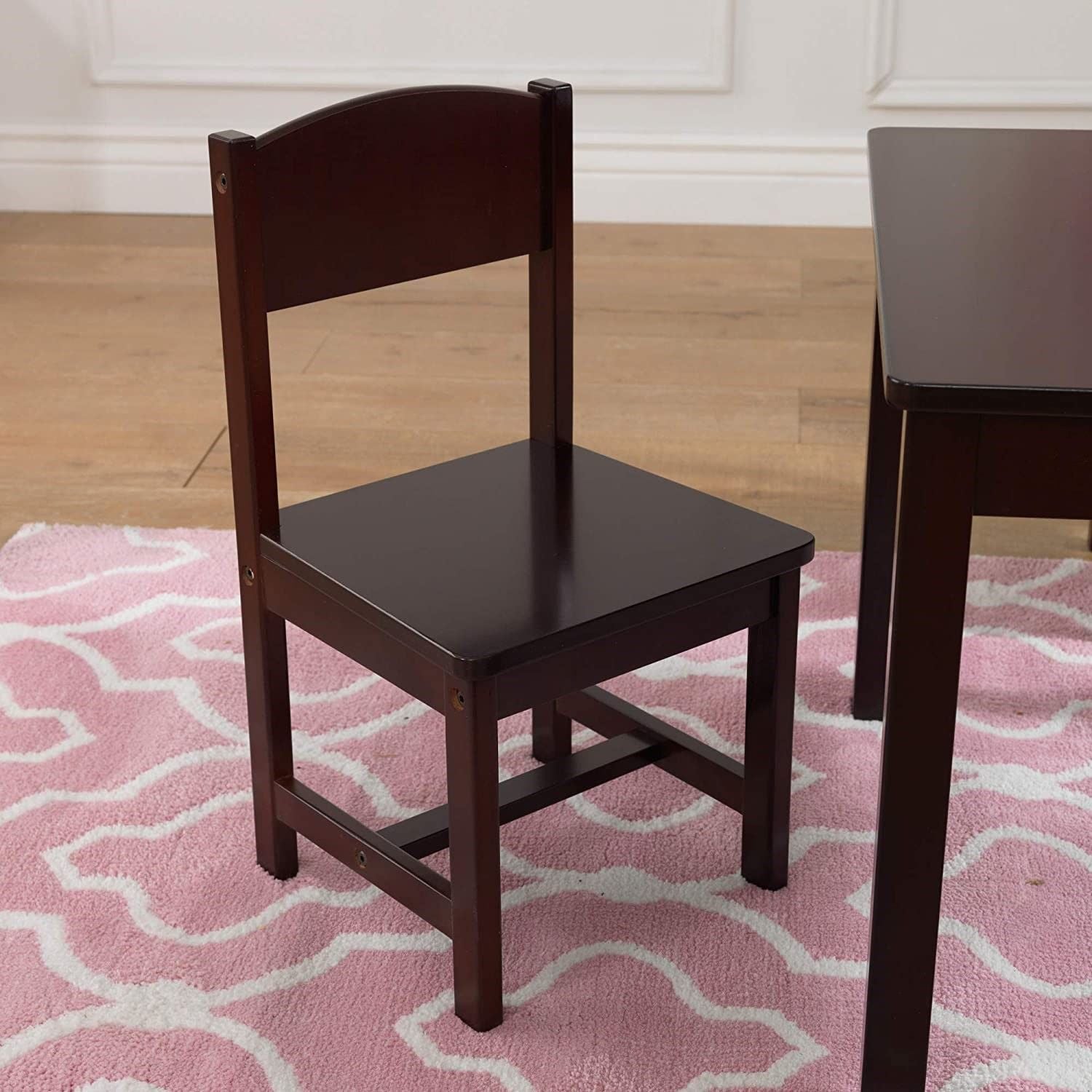 Farmhouse Table & 4 Chair Set in brown, designed for children aged 3-10, featuring sturdy wood construction and a stylish finish.