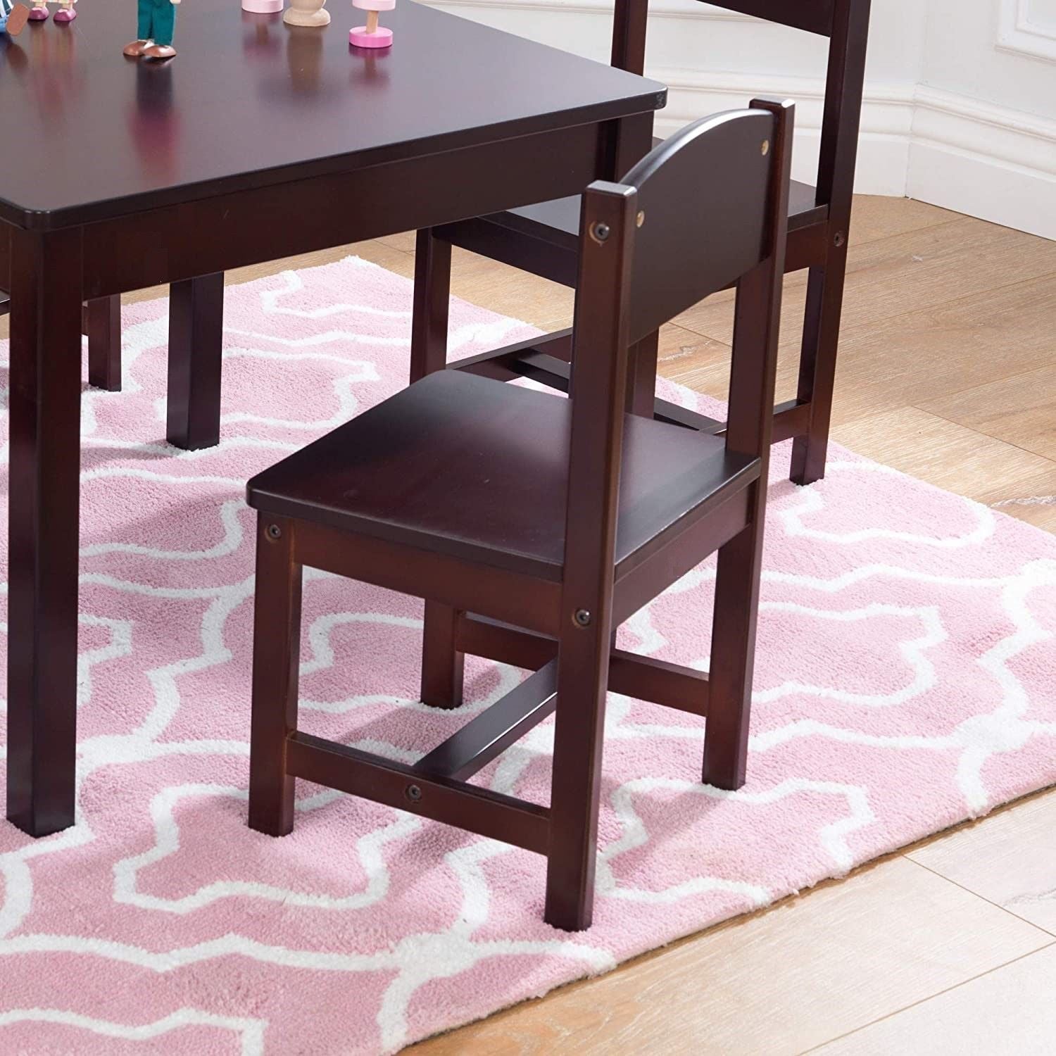 Farmhouse Table & 4 Chair Set in brown, designed for children aged 3-10, featuring sturdy wood construction and a stylish finish.