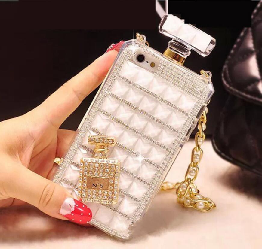 Fashion Diamond Perfume Bottle Cell Phone Case with Chain Lanyard, adorned with rhinestones, showcasing a unique and stylish design.