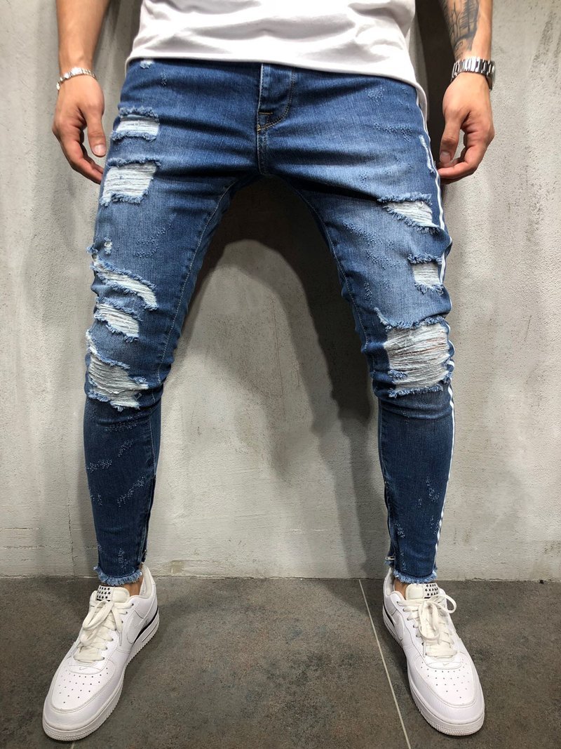 Men's Fashion Jeans featuring a striped print, blue zipper, and distressed denim design, perfect for casual wear.