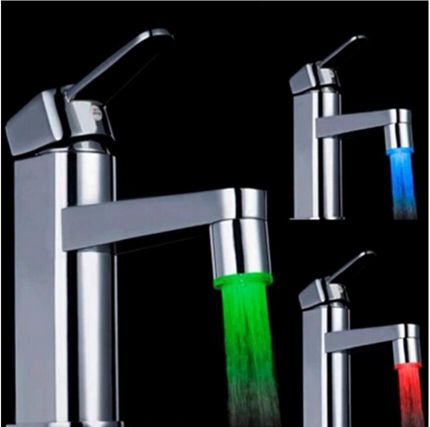 Fashion LED Water Faucet Stream Light showcasing 7 colors changing with water temperature, installed on a kitchen faucet.