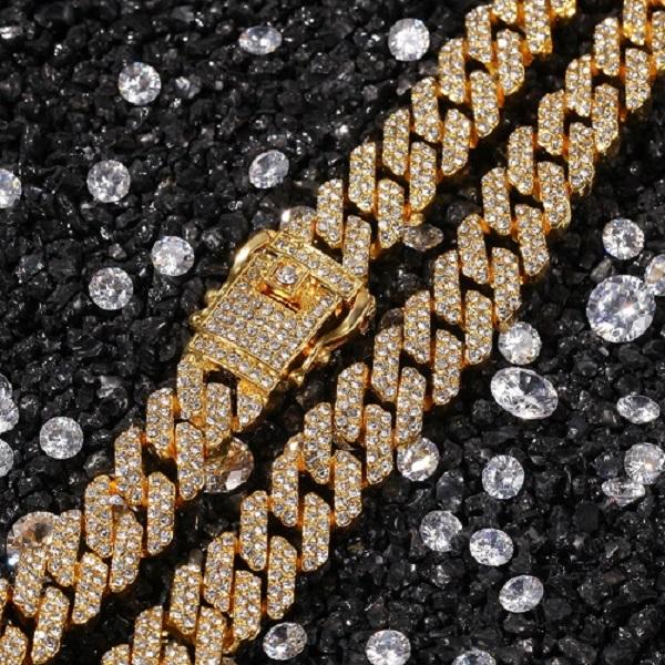 Fashion luxury designer exaggerated braided Cuban chain necklace in gold and silver, adorned with full diamonds, perfect for hip hop style.