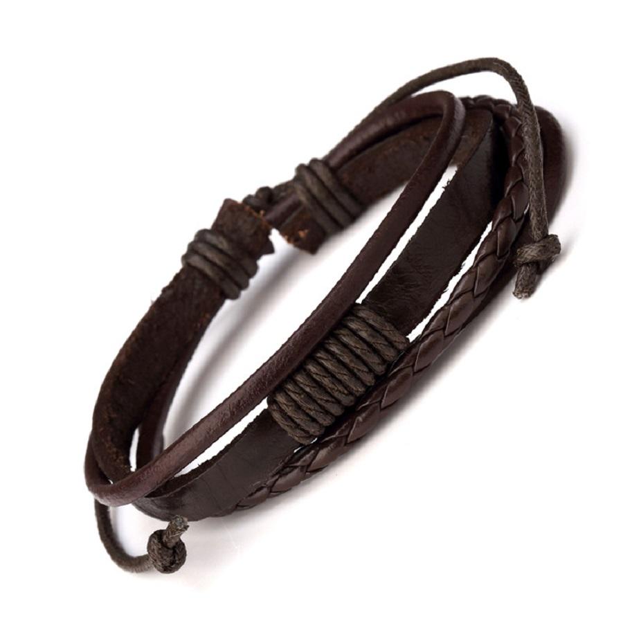 Fashion Mens Leather Charm Bracelet in black and brown, showcasing a handmade design with hip hop style elements.