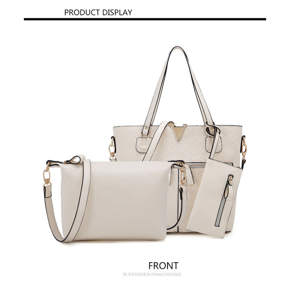 Fashionable white ladies bags featuring elegant PU plaid design, showcasing two pieces with stylish hardware and multiple pockets.