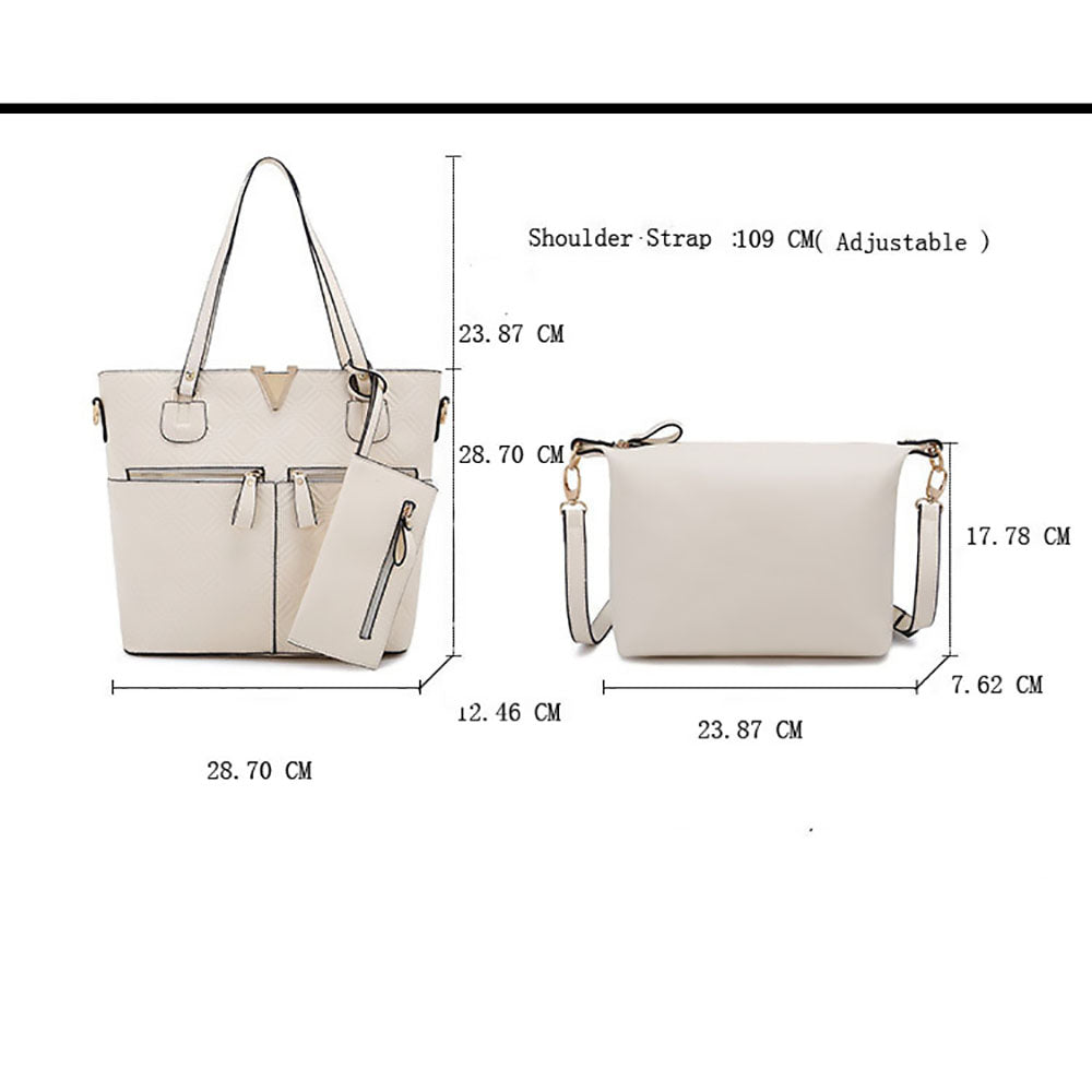 Fashionable white ladies bags featuring elegant PU plaid design, showcasing two pieces with stylish hardware and multiple pockets.