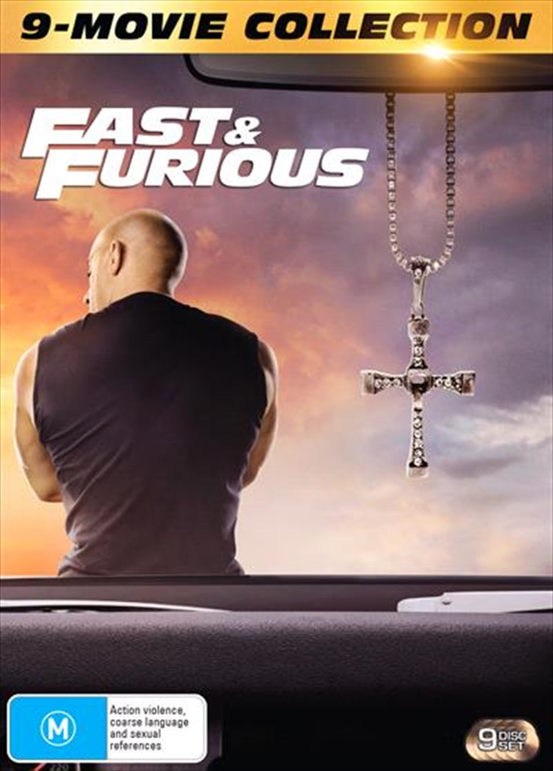 Fast and Furious 1-9 DVD pack featuring all nine action-packed films in a sleek carton design.