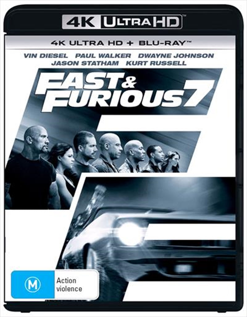 Fast and Furious 7 Blu-ray + UHD cover featuring action-packed scenes and main characters.