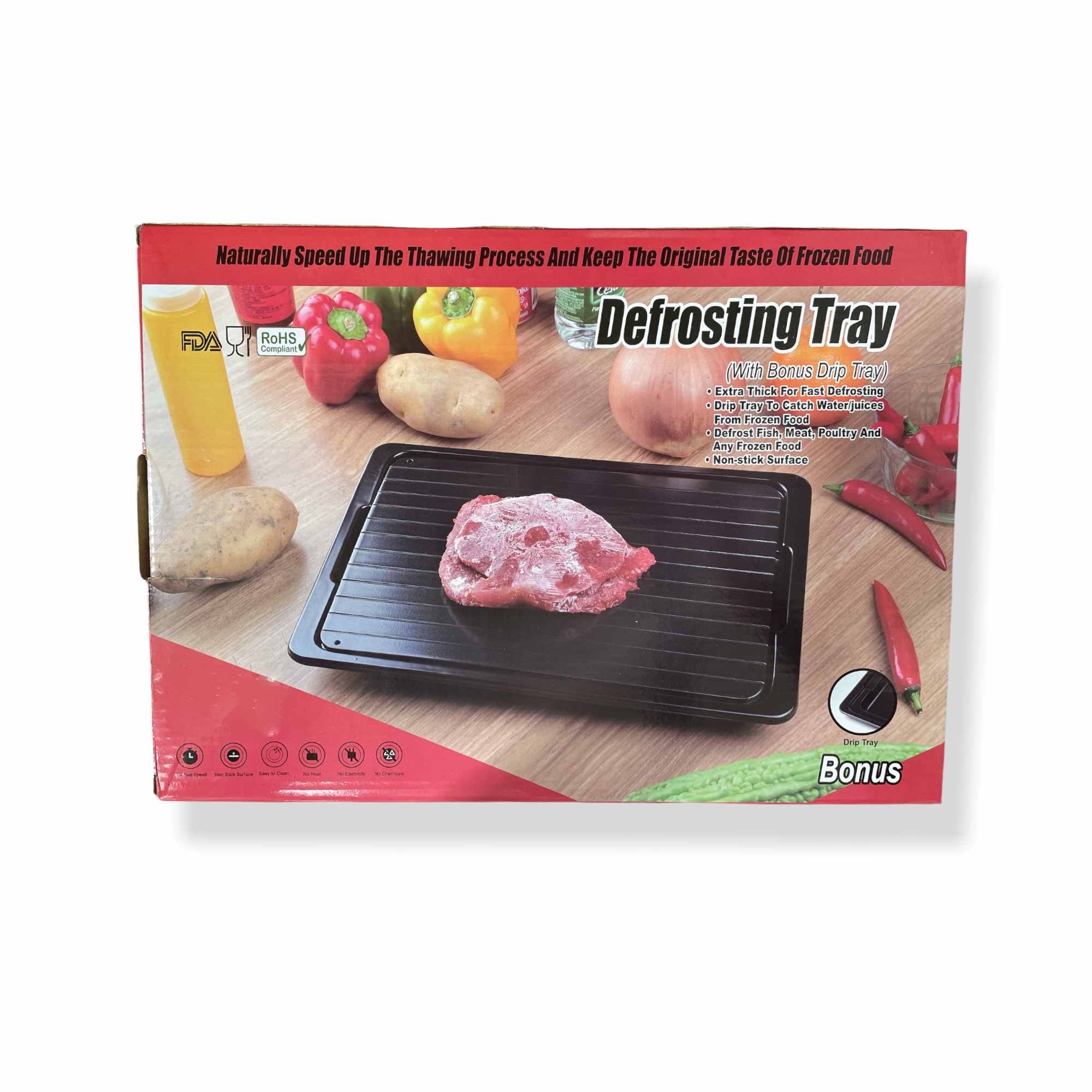 Large Fast Defrosting Meat Tray with water tray box, made of premium aluminium for quick thawing of frozen food.