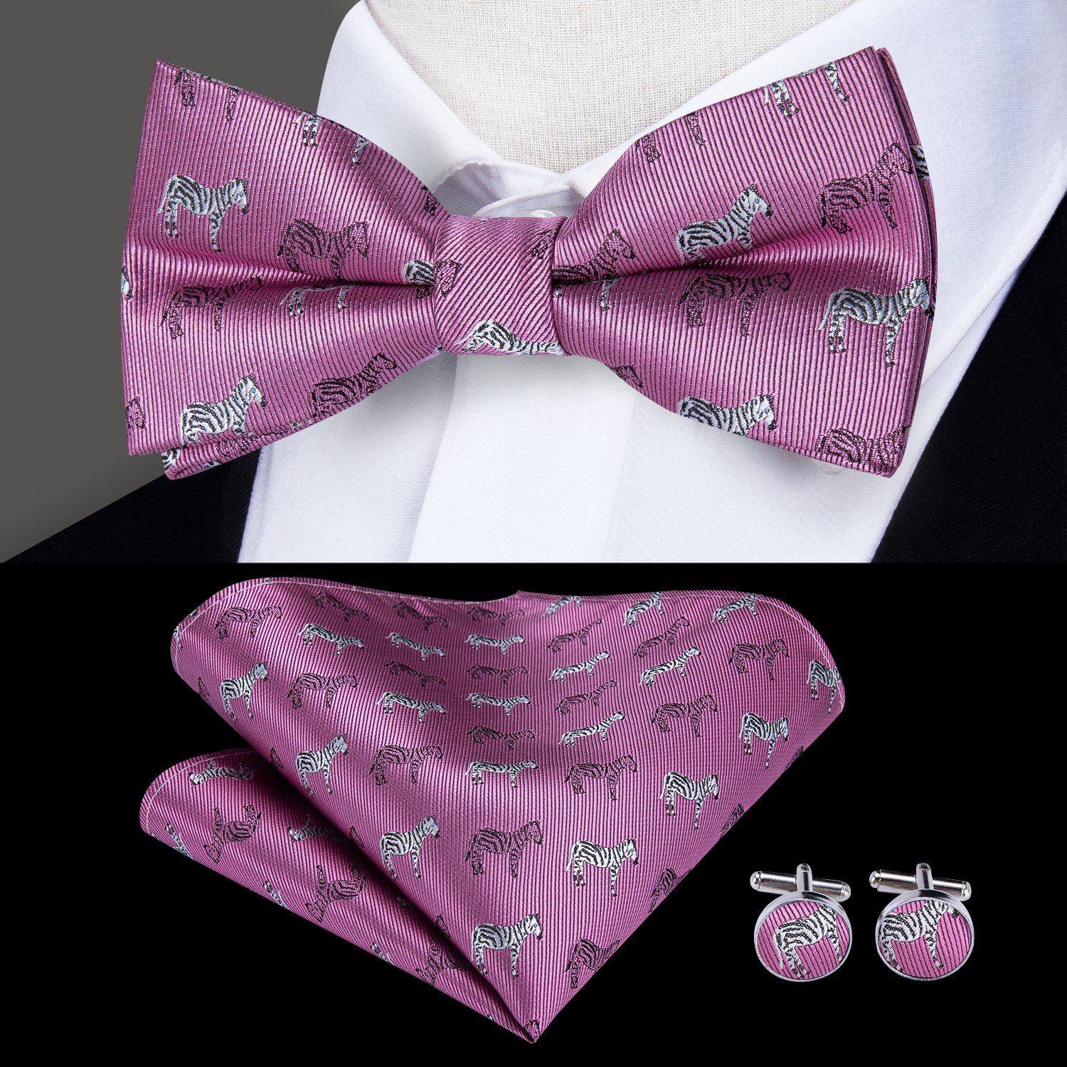 High-quality silk pink zebra bow tie set with matching handkerchief, perfect for formal and casual occasions.