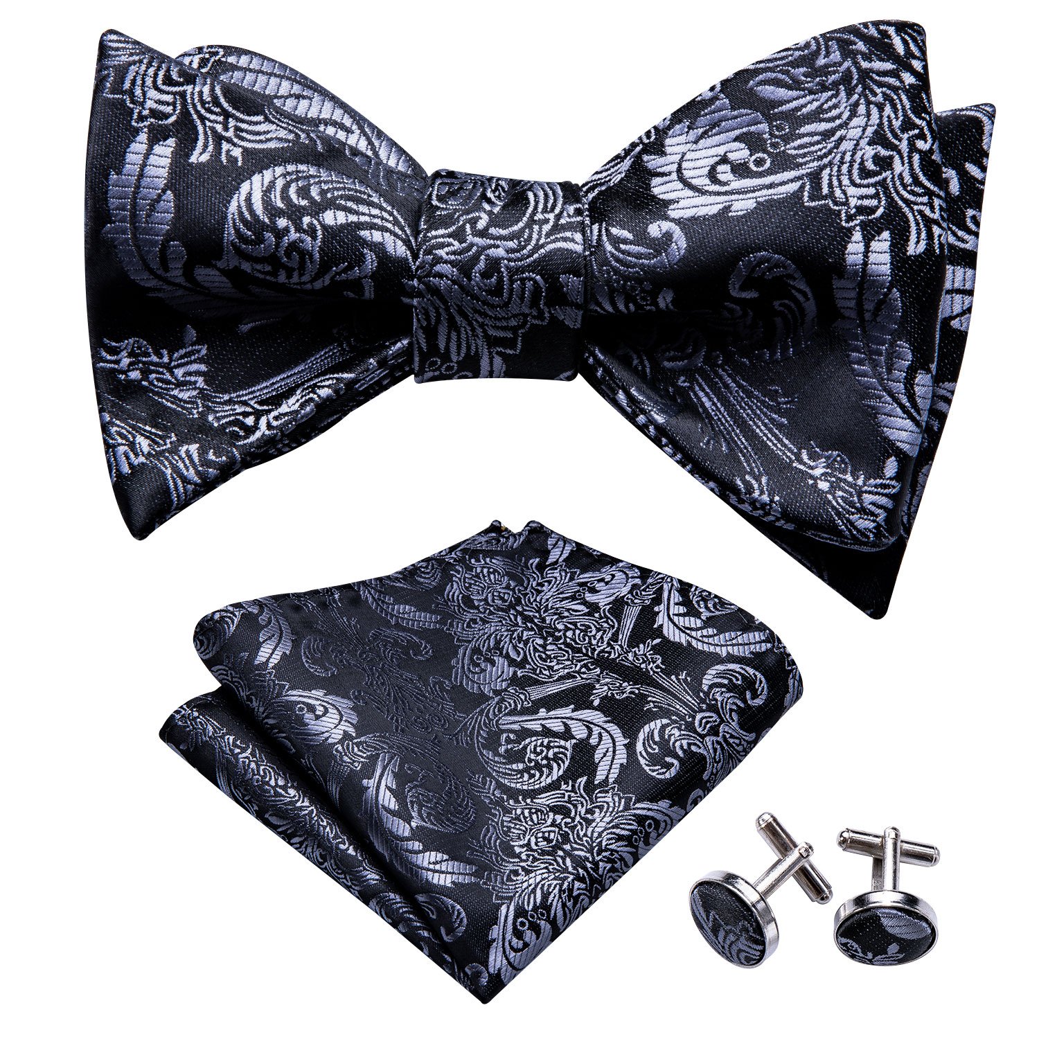 Fast Shipping Bow Tie Set featuring black and grey silk bow ties with matching handkerchief, elegantly displayed.