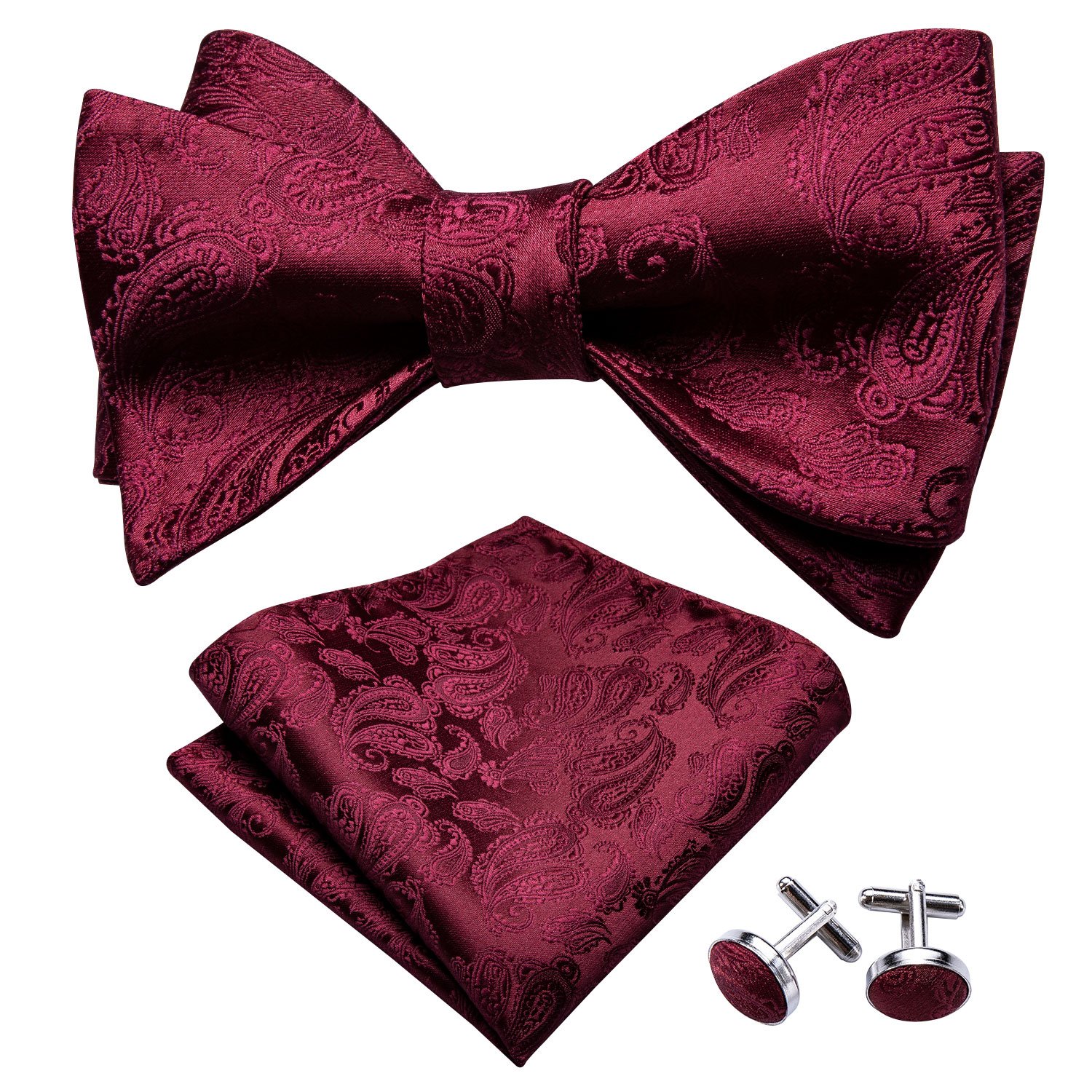 Burgundy bow tie, pocket square, cufflinks