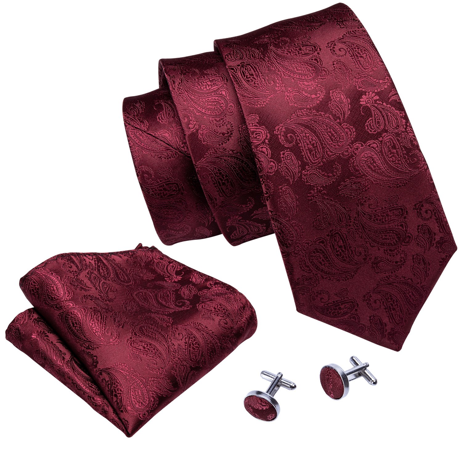 Wine red paisley polyester jacquard woven tie with matching cufflinks and hanky set, elegantly displayed.