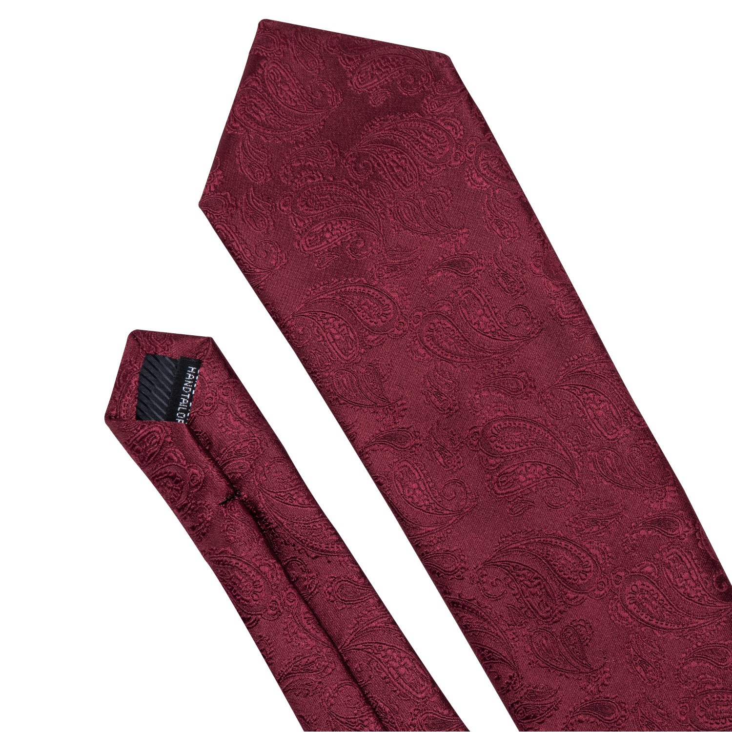 Wine red paisley polyester jacquard woven tie with matching cufflinks and hanky set, elegantly displayed.