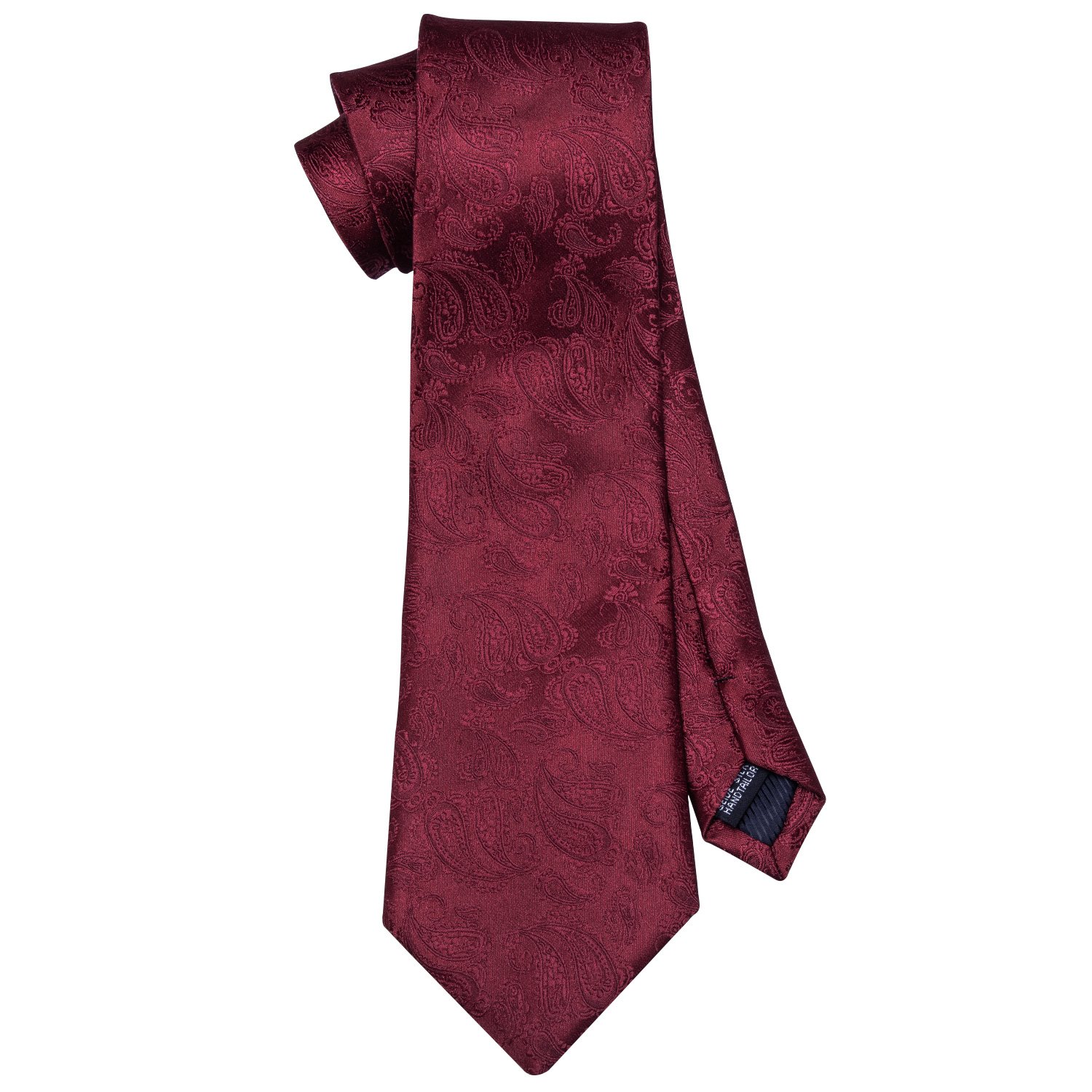 Wine red paisley polyester jacquard woven tie with matching cufflinks and hanky set, elegantly displayed.