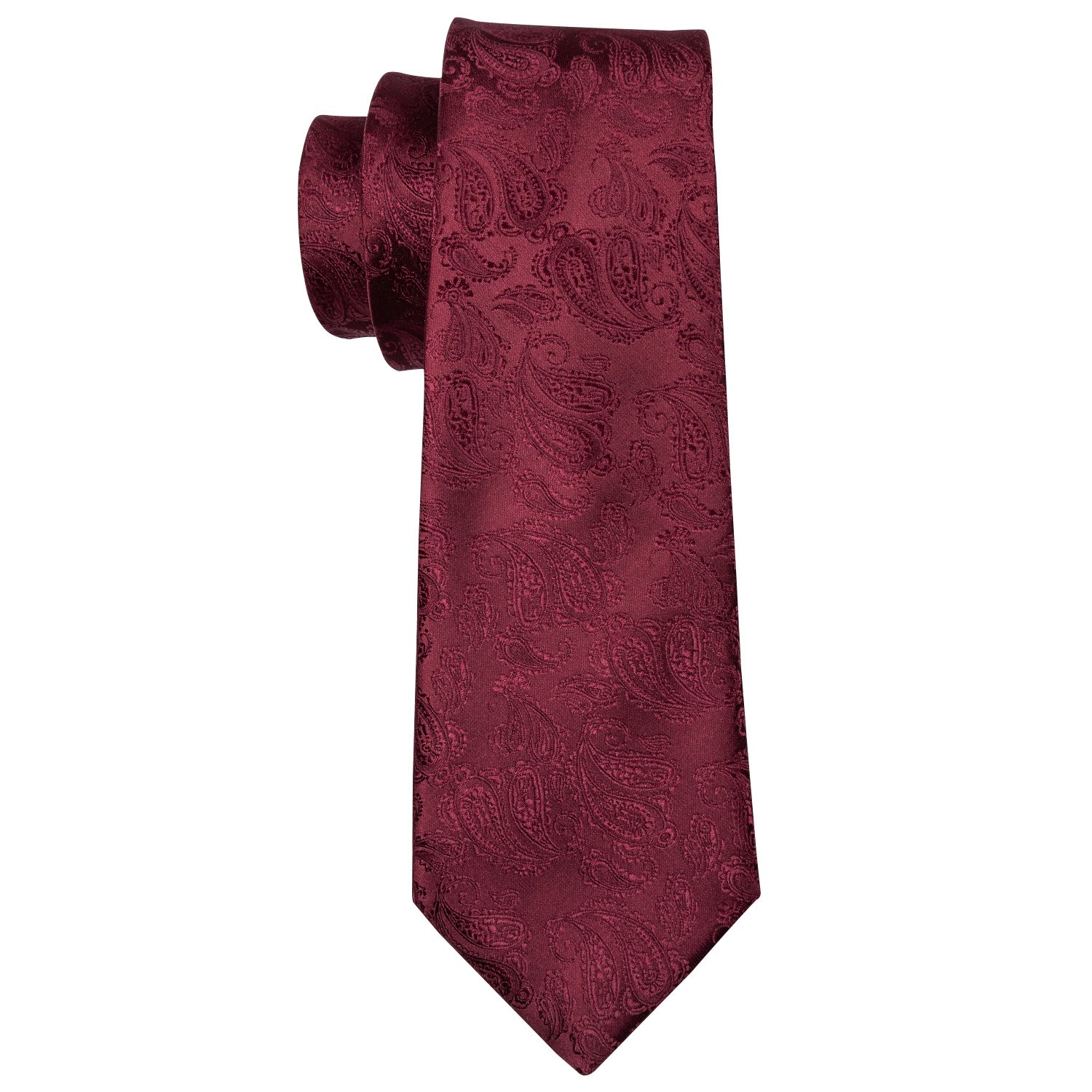 Wine red paisley polyester jacquard woven tie with matching cufflinks and hanky set, elegantly displayed.