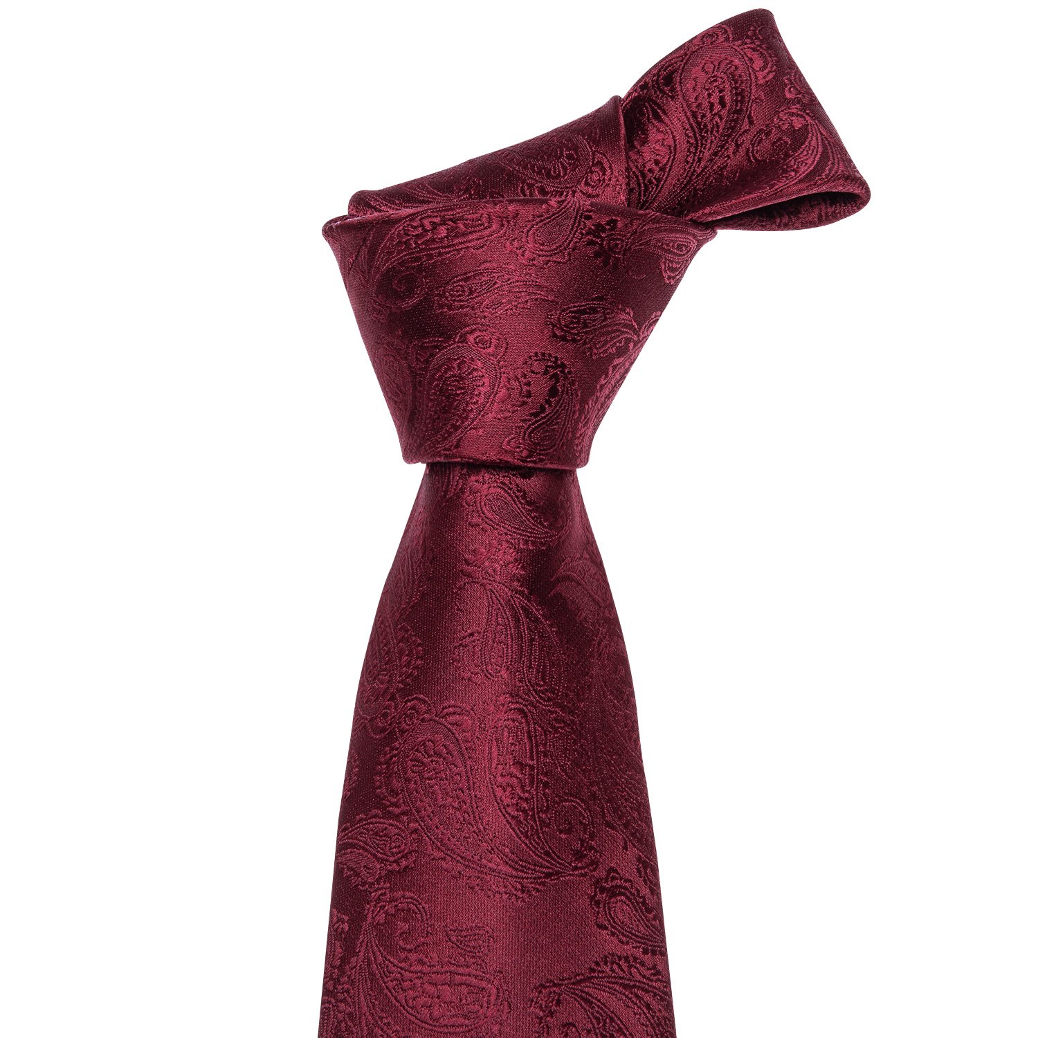 Wine red paisley polyester jacquard woven tie with matching cufflinks and hanky set, elegantly displayed.