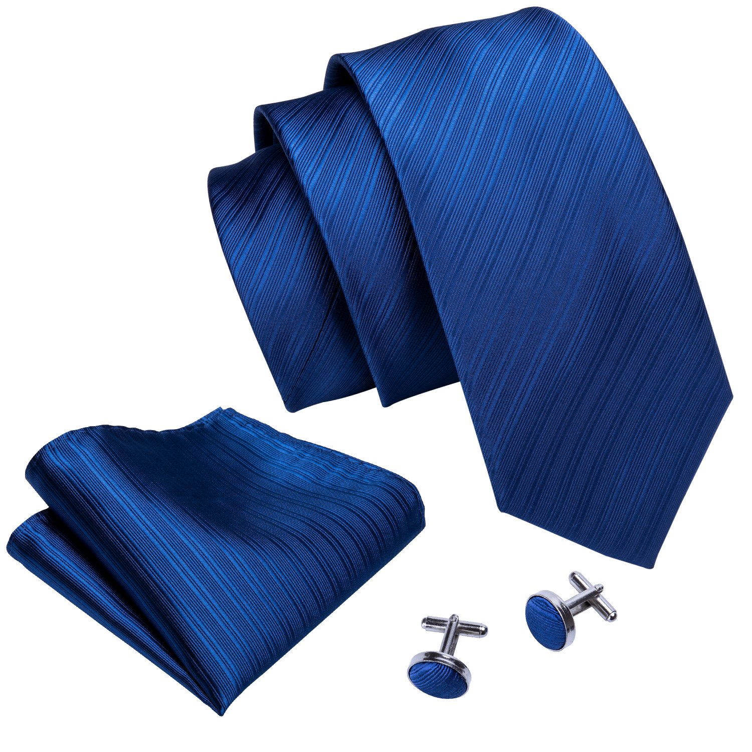 Fast Shipping Blue Striped Silk Necktie with classic jacquard woven design, accompanied by cufflinks and hanky set.