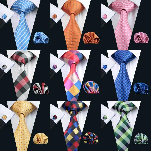 Fast Shipping Plaid Tie Set for Men featuring a classic silk tie, matching hanky, and cufflinks in various colors and patterns.