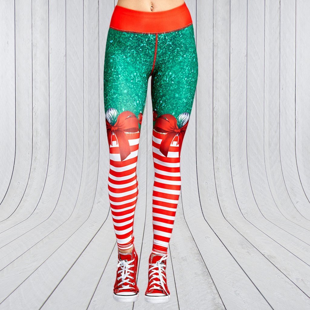 Women wearing festive Father Christmas leggings, showcasing a vibrant print perfect for Christmas cosplay and yoga activities.