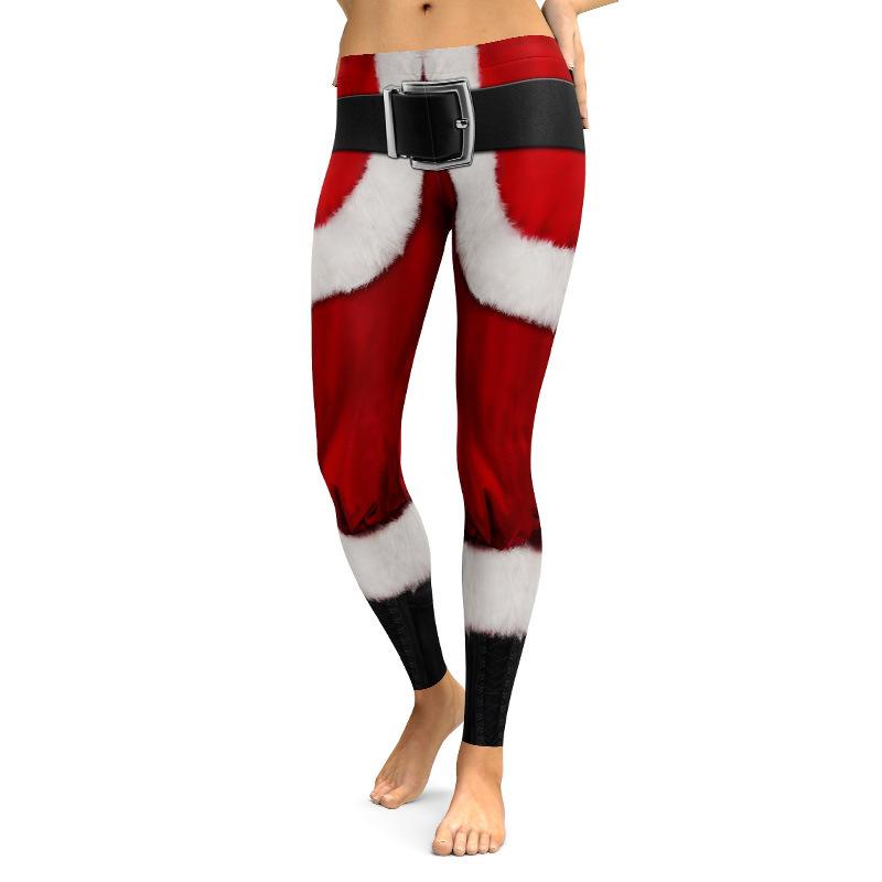 Women wearing festive Father Christmas leggings, showcasing a vibrant print perfect for Christmas cosplay and yoga activities.