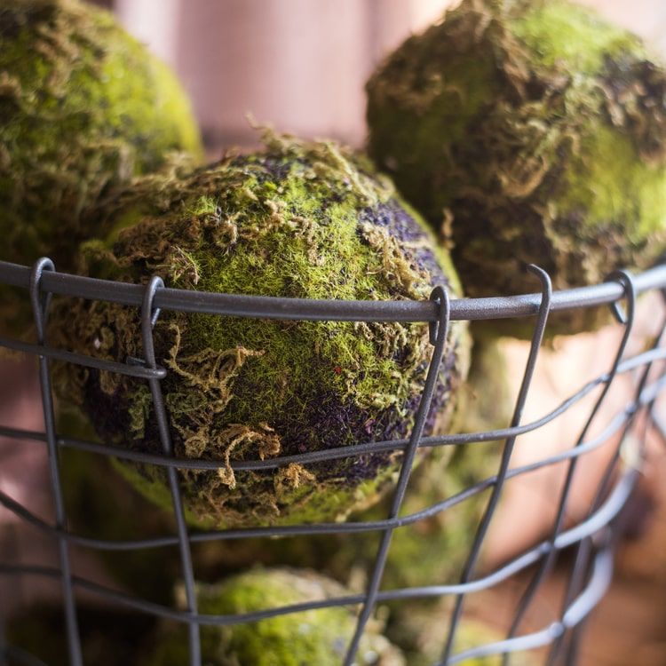 A realistic faux artificial decorative moss ball in green and brown colors, showcasing its lifelike texture and design.