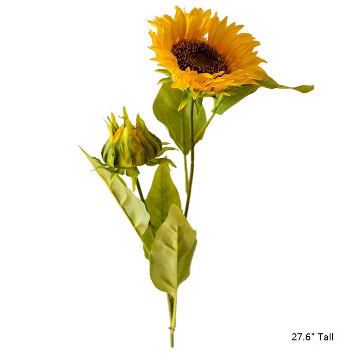 A vibrant 28-inch tall faux silk sunflower stem with a large bloom and a bud, showcasing bright yellow petals and green leaves.