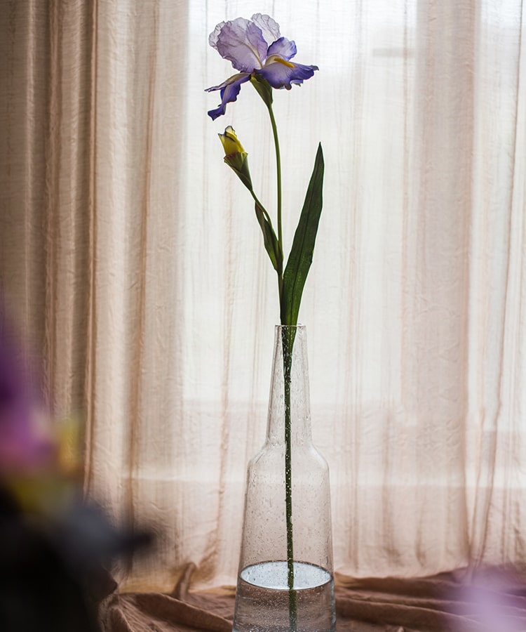 A tall 31.5-inch faux artificial iris flower stem in vibrant pastel colors, showcasing delicate silk petals and a sturdy plastic stem.